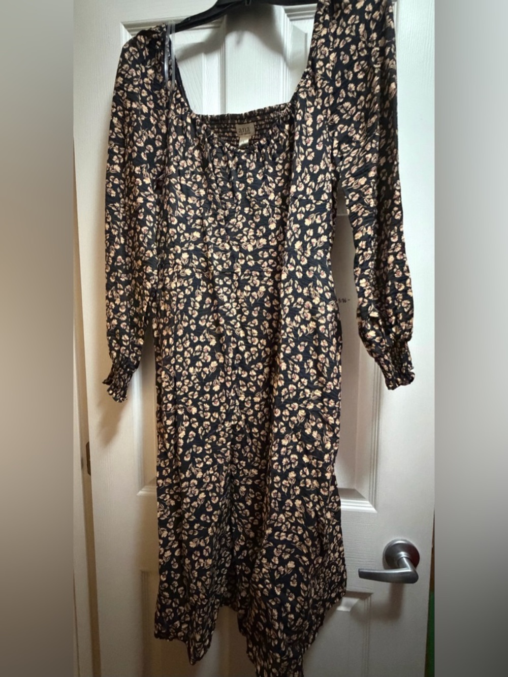 a.n.a Black Dress with Cream Floral Print - Long Sleeve Midi